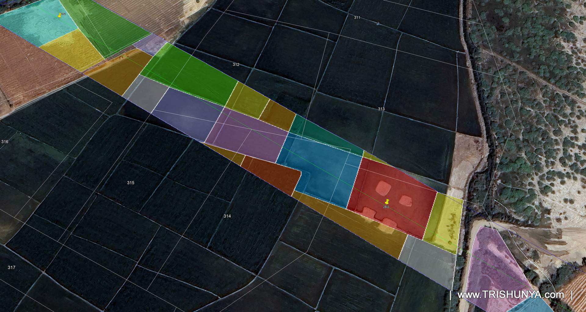 KMZ screenshot showing survey number wise land parcels overlapped by transmission line corridor, part 1