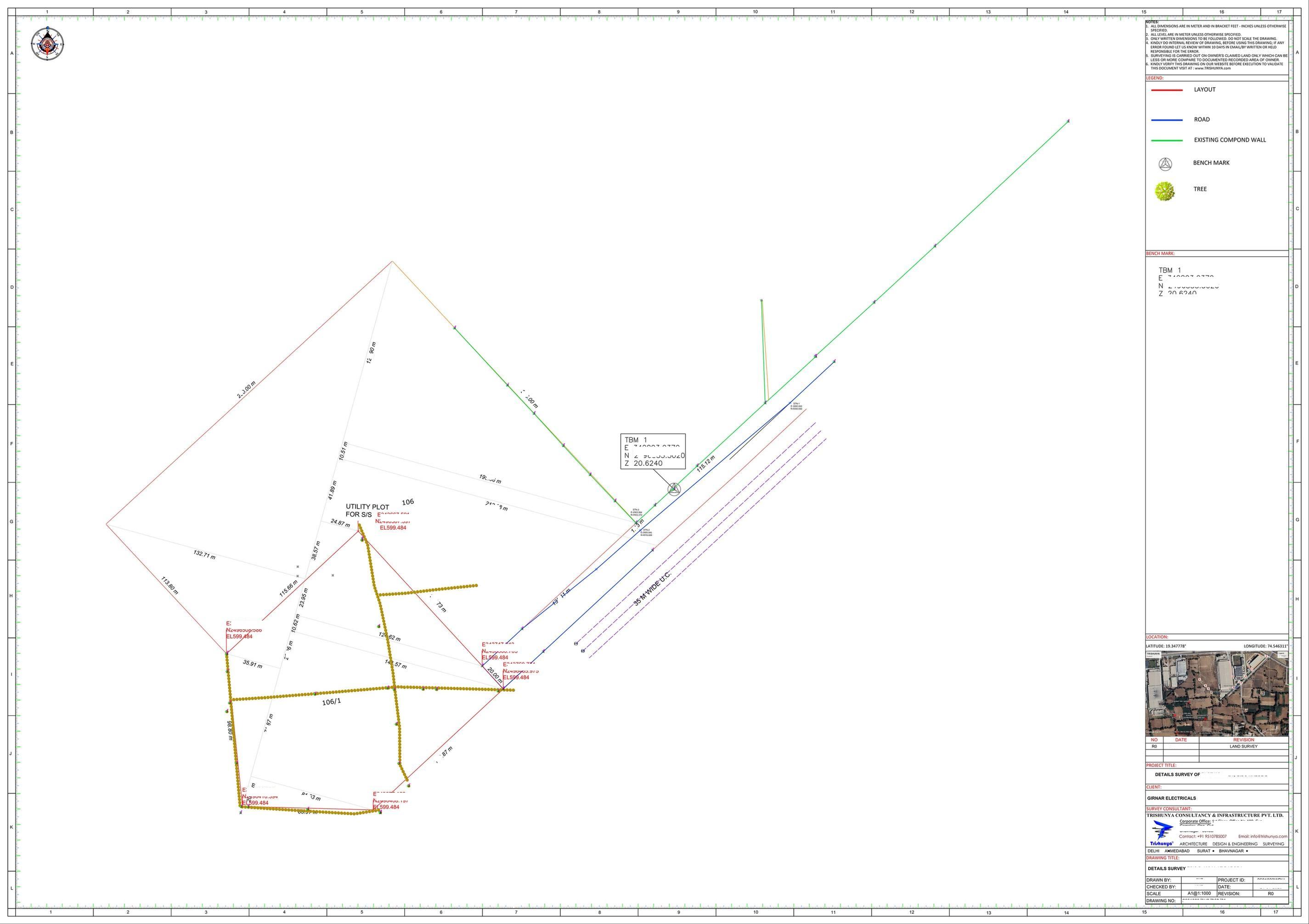 Esempio di elaborato di rilievo per dati di confine e curve di livello di terreno aperto