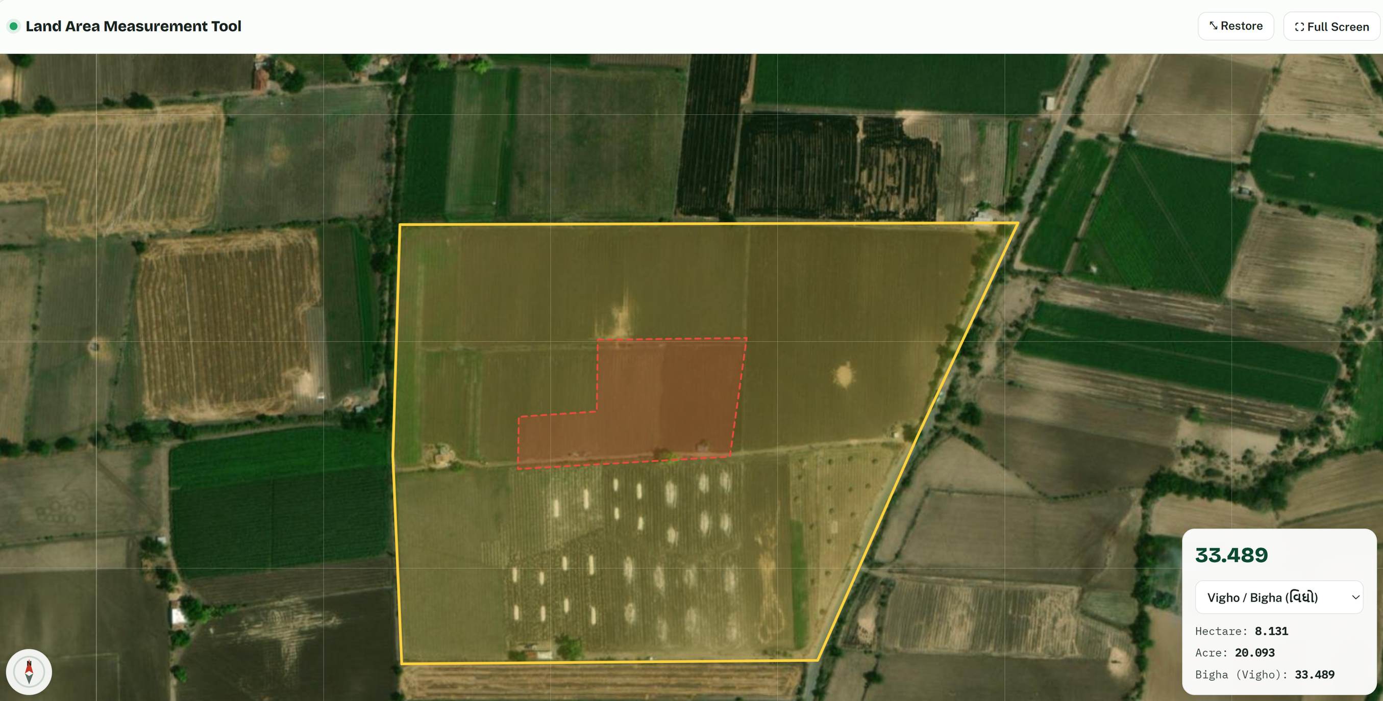 Trishunya free online land area measurement tool showing a field boundary polygon drawn on satellite map with live area in Bigha and Acre
