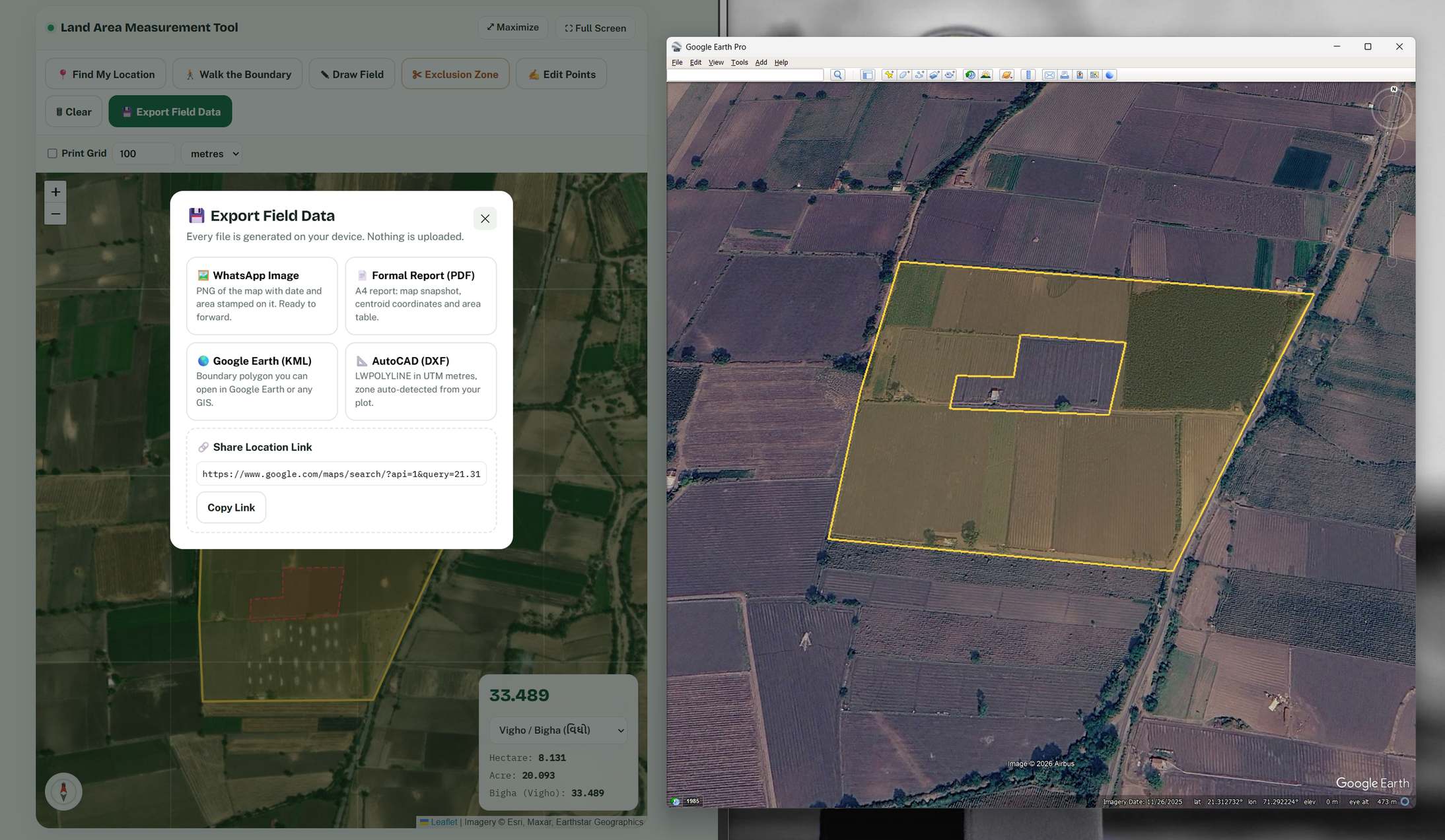 जमीन मोजणी टूलमधून डाउनलोड केलेली शेताच्या हद्दीची KML फाईल Google Earth मध्ये उघडलेली