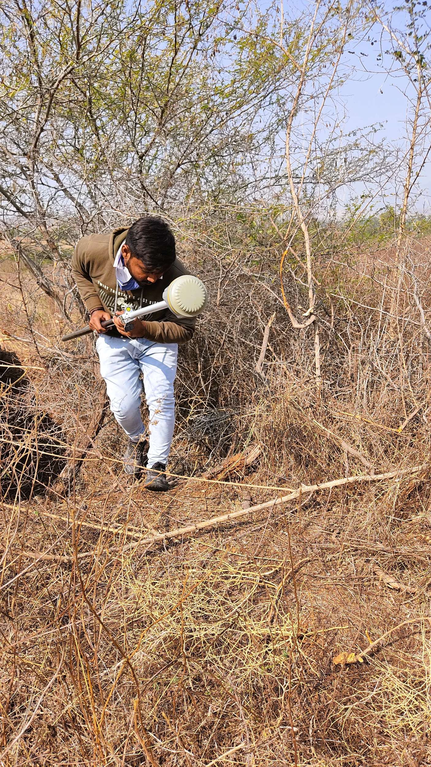 Thick scrub and rough ground conditions on DGPS survey route Gujarat irrigation project